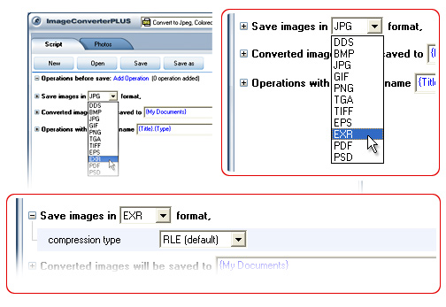 Convert TIFF  to EXR. Avaible settings forEXR file format.