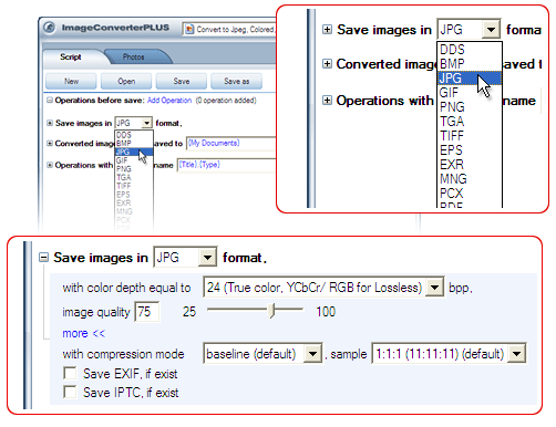 template2Convert JPG  to JPG. Avaible settings for JPG file format.