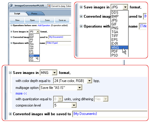 Convert TIFF  to MNG. Avaible settings for MNG file format.
