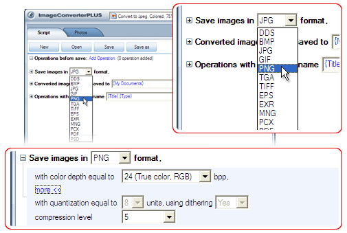 Convert JPG to PNG. Avaible settings for PNG file format.